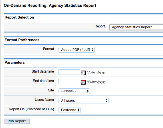 Agency Statistics Report Parameters