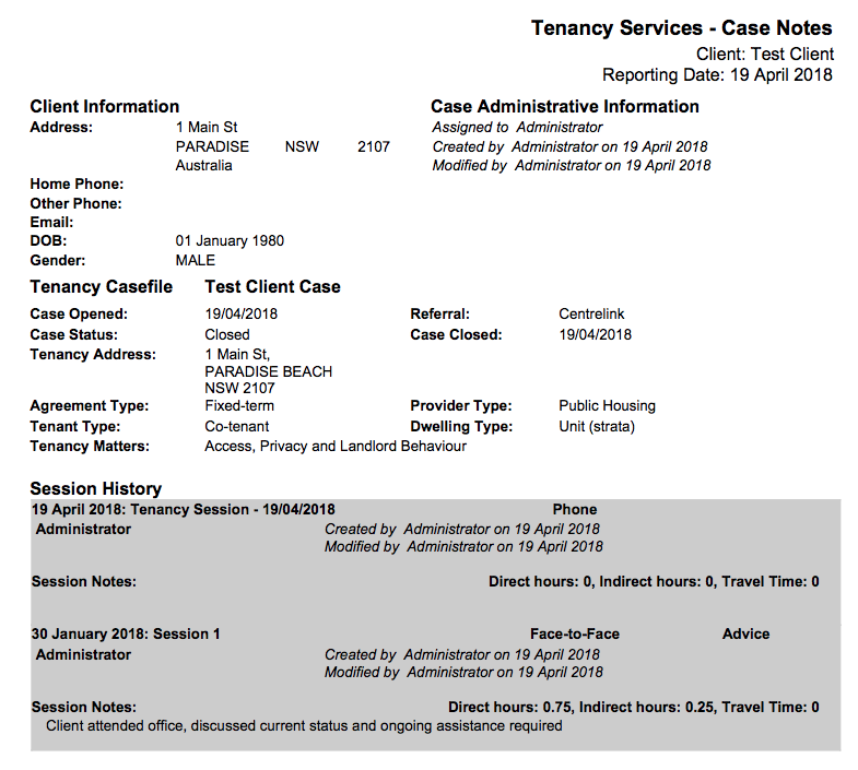 Tenancy Services Case notes Report