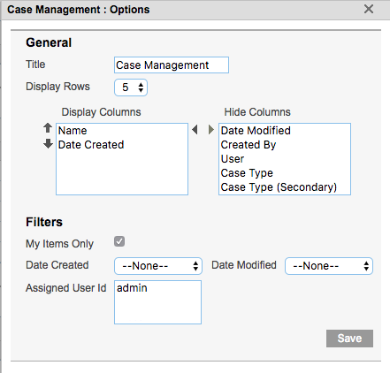 Dashlet Edit Options