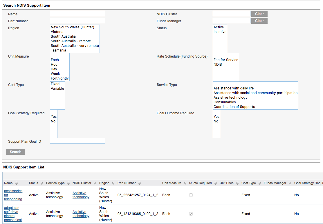 NDIS Support Item Search