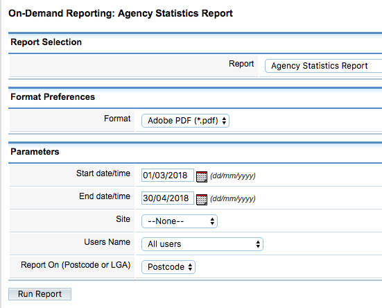 Agency Statistics Report parameters complete