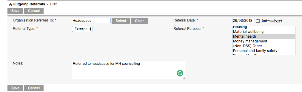 Referral with completed fields