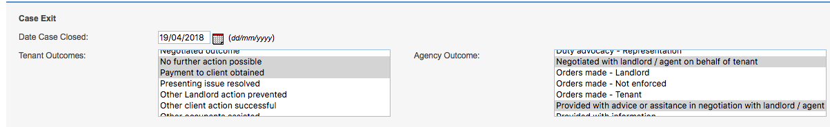 Tenant and Agency outcomes selected