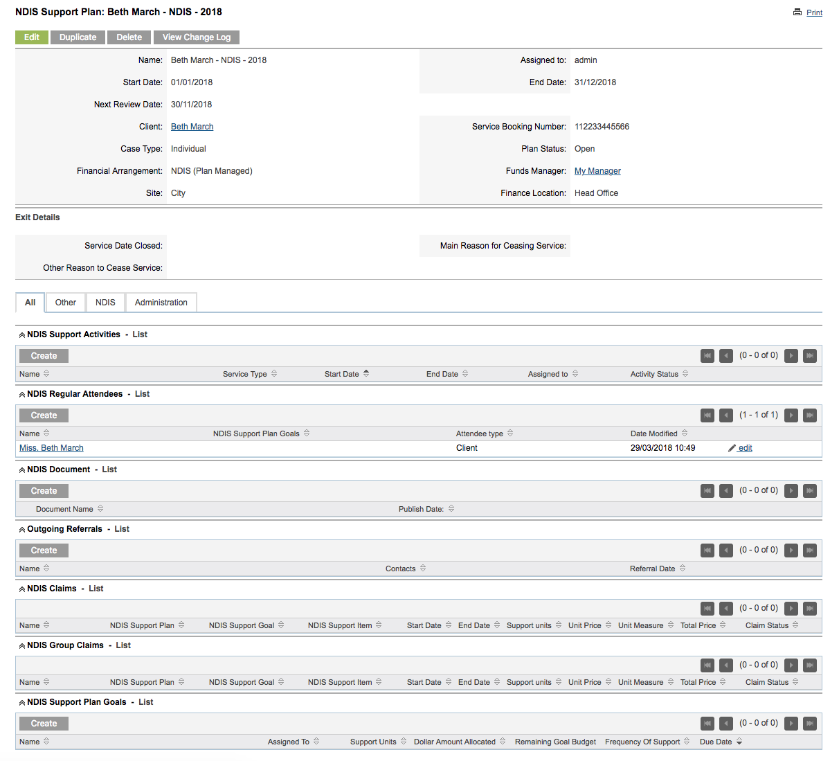 Support Plan Page