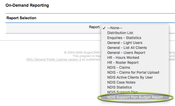 Select Support Plan Budget Report