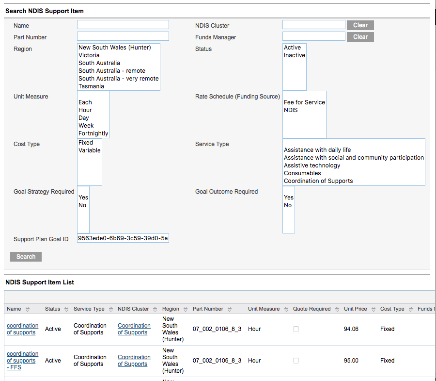 Select NDIS Support Item window