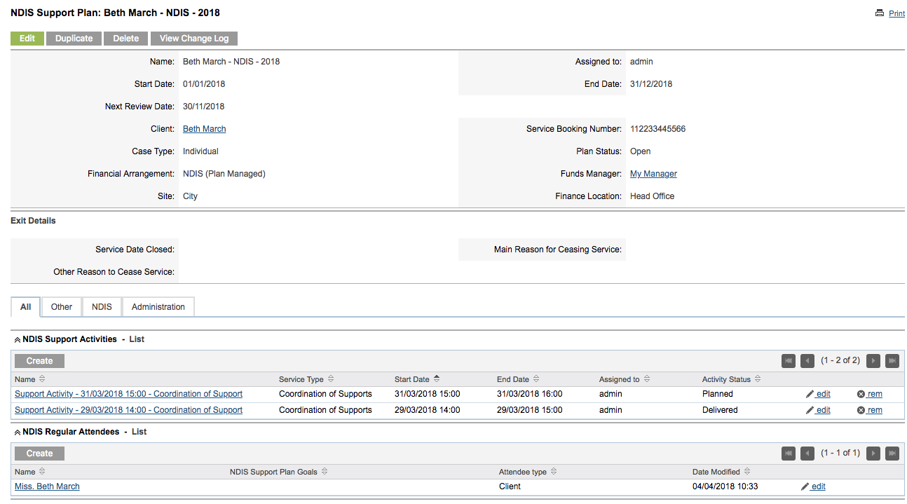 Support Plan Page