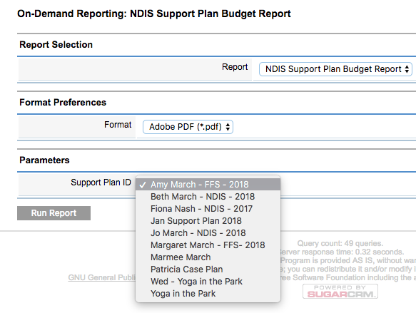 Support Plan dropdown