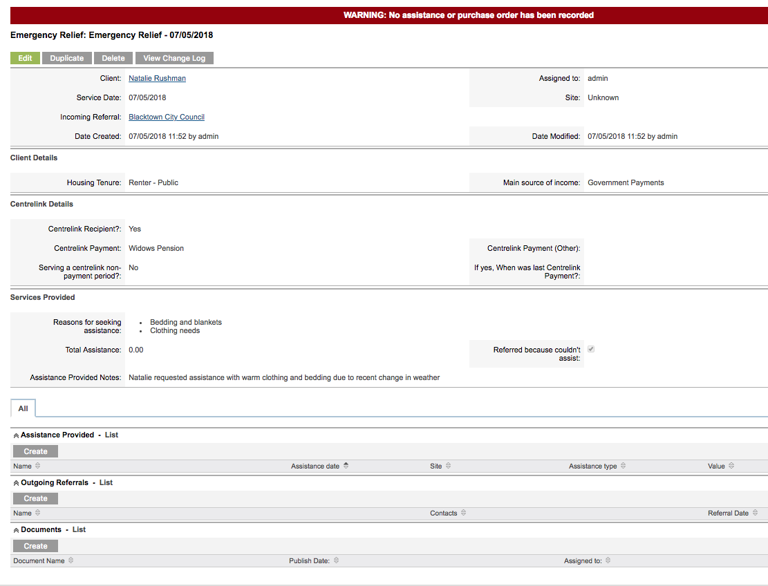 Emergency Relief record created