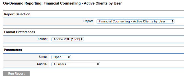 Financial Counselling Active Clients by User parameters