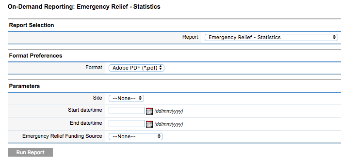 Emergency Relief Statistics Report Parameters