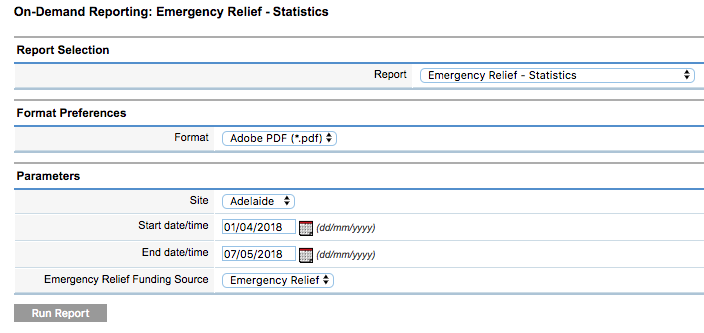 Emergency Relief Statistics parameters completed