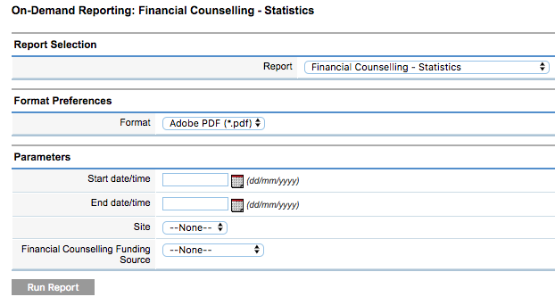 Financial Counselling Statistics parameters