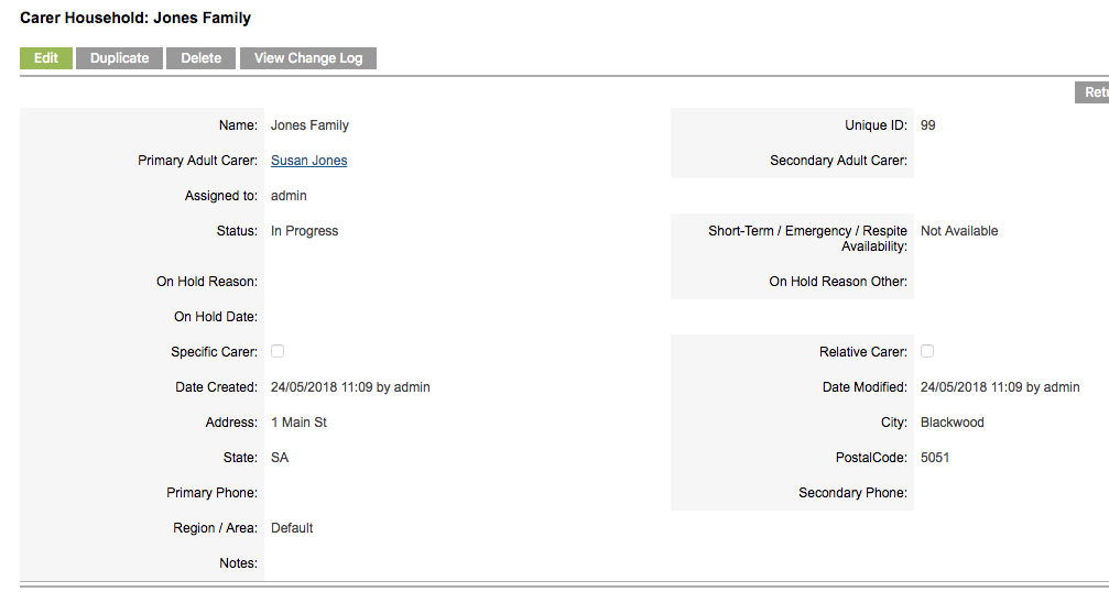 Carer Household Record