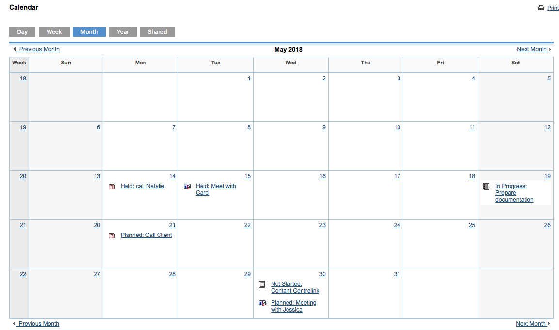 Calendar for current month