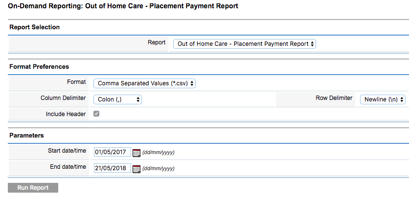 OOHC Placement Payment Report Parameters