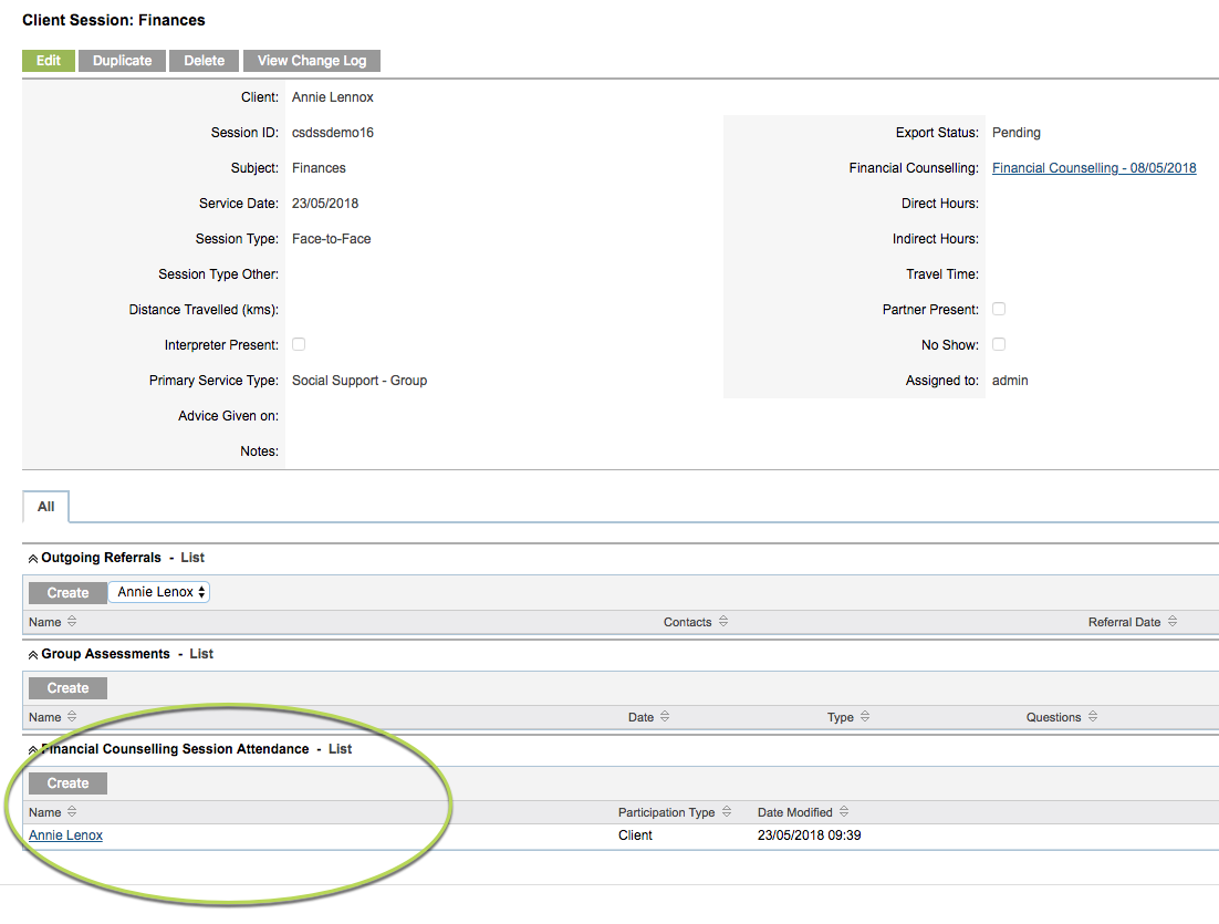 Session Attendance subpanel