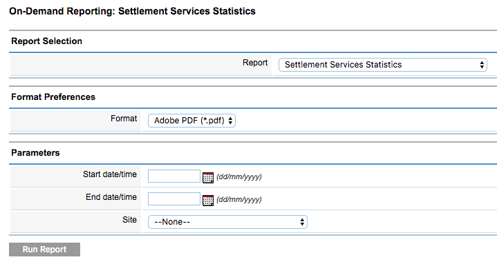 Settlement Services Statistics Report Parameters