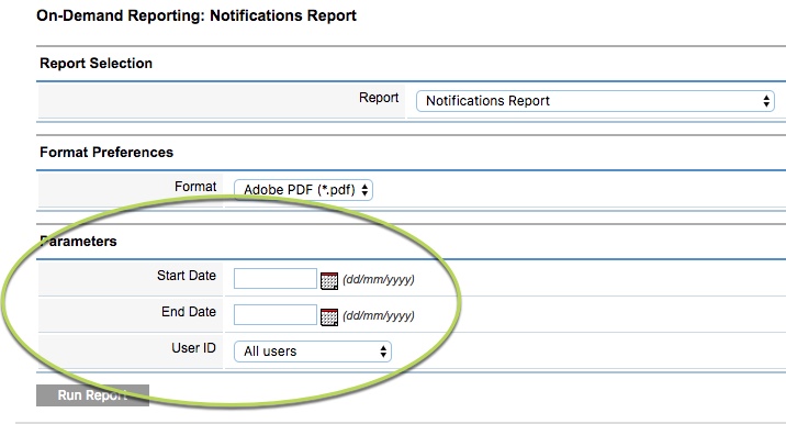 Notifications Report parameters