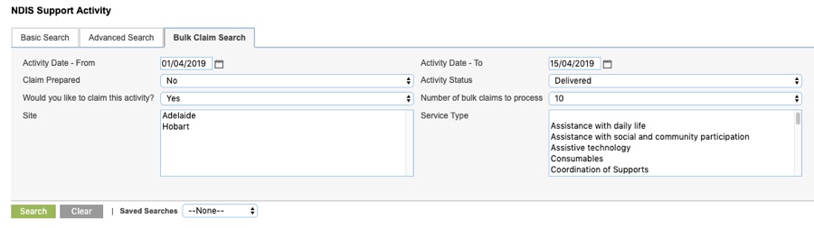 Bulk Claim Search tab with criteria entered